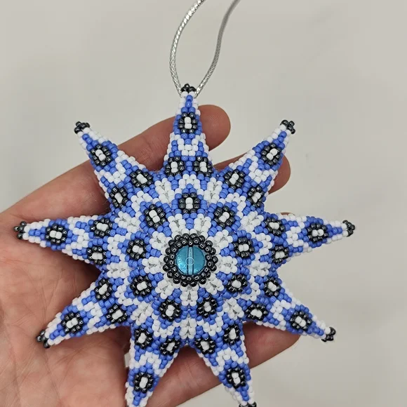 Beaded Starburst Ornament in Light Blue, White & Black - Picture 8 of 8